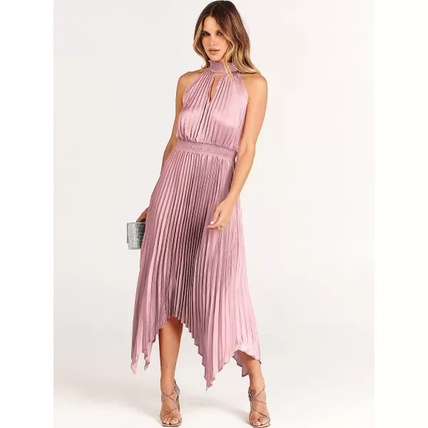 imageANRABESS Womens Sleeveless Cutout Halter Neck Satin Formal Dress Smocked Pleated Asymmetric Party Cocktail Maxi DressPink