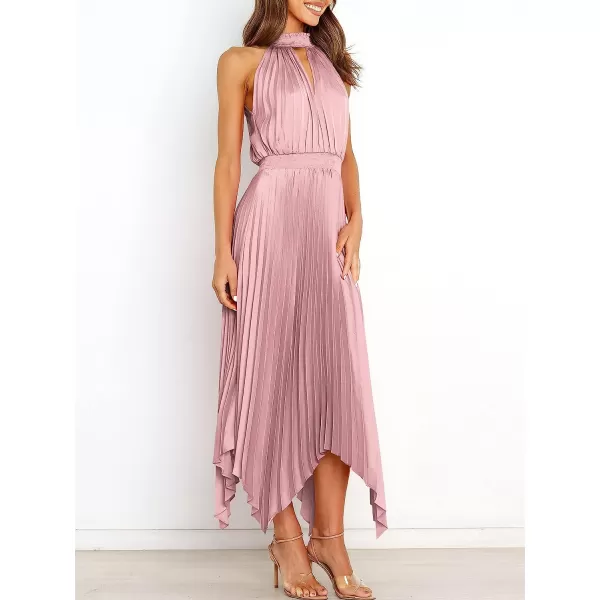 imageANRABESS Womens Sleeveless Cutout Halter Neck Satin Formal Dress Smocked Pleated Asymmetric Party Cocktail Maxi DressPink
