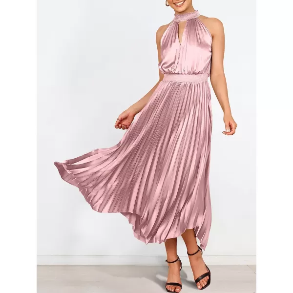 imageANRABESS Womens Sleeveless Cutout Halter Neck Satin Formal Dress Smocked Pleated Asymmetric Party Cocktail Maxi DressPink