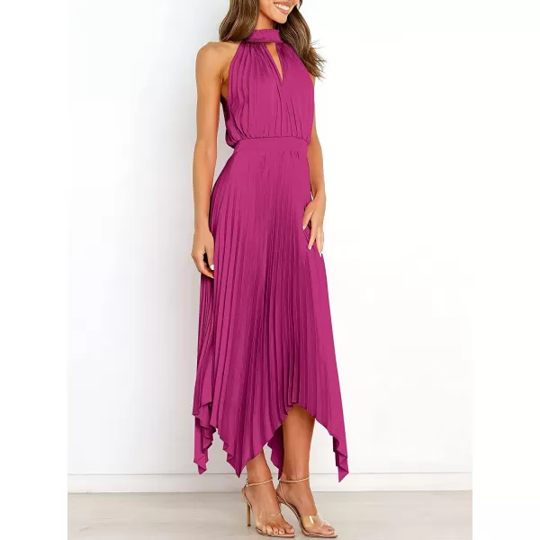imageANRABESS Womens Sleeveless Cutout Halter Neck Satin Formal Dress Smocked Pleated Asymmetric Party Cocktail Maxi DressRose
