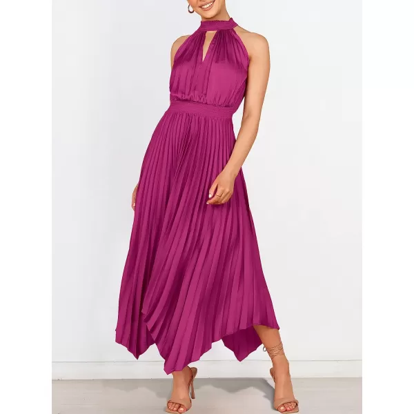 imageANRABESS Womens Sleeveless Cutout Halter Neck Satin Formal Dress Smocked Pleated Asymmetric Party Cocktail Maxi DressRose