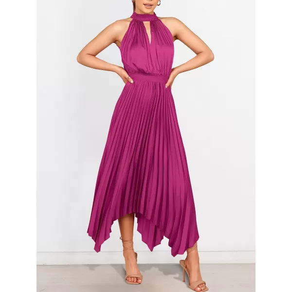 imageANRABESS Womens Sleeveless Cutout Halter Neck Satin Formal Dress Smocked Pleated Asymmetric Party Cocktail Maxi DressRose