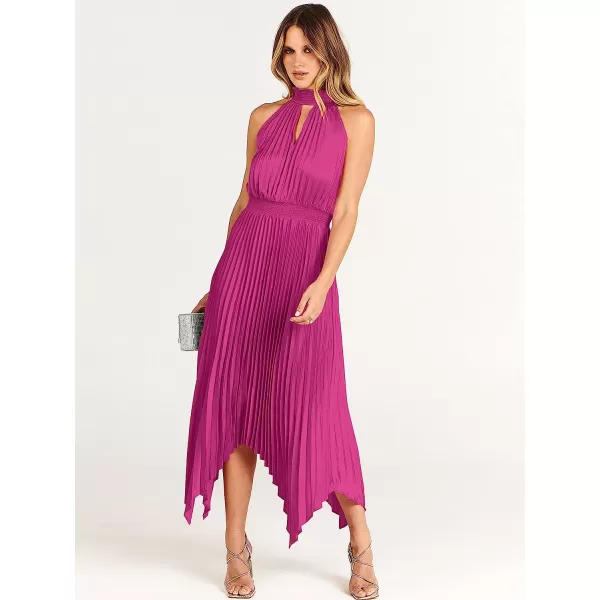 imageANRABESS Womens Sleeveless Cutout Halter Neck Satin Formal Dress Smocked Pleated Asymmetric Party Cocktail Maxi DressRose