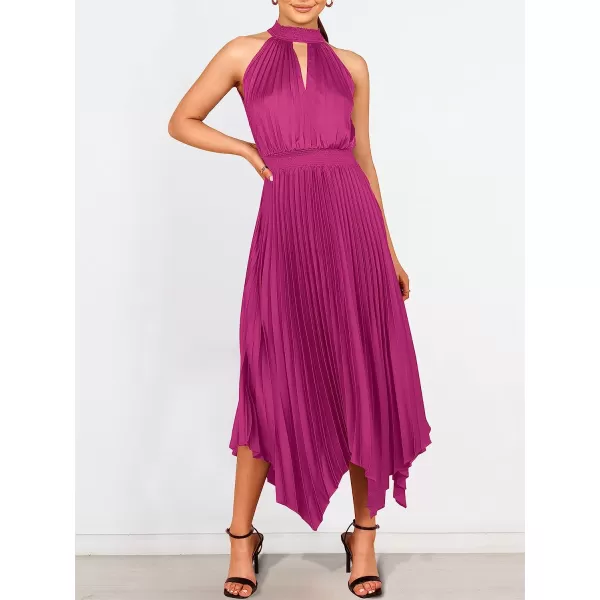 imageANRABESS Womens Sleeveless Cutout Halter Neck Satin Formal Dress Smocked Pleated Asymmetric Party Cocktail Maxi DressRose