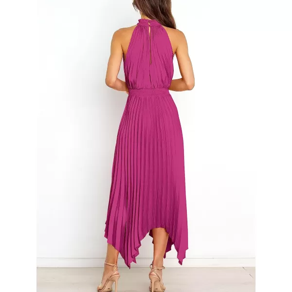 imageANRABESS Womens Sleeveless Cutout Halter Neck Satin Formal Dress Smocked Pleated Asymmetric Party Cocktail Maxi DressRose