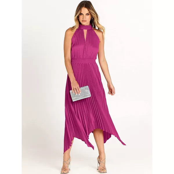 imageANRABESS Womens Sleeveless Cutout Halter Neck Satin Formal Dress Smocked Pleated Asymmetric Party Cocktail Maxi DressRose