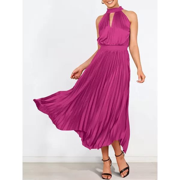 imageANRABESS Womens Sleeveless Cutout Halter Neck Satin Formal Dress Smocked Pleated Asymmetric Party Cocktail Maxi DressRose