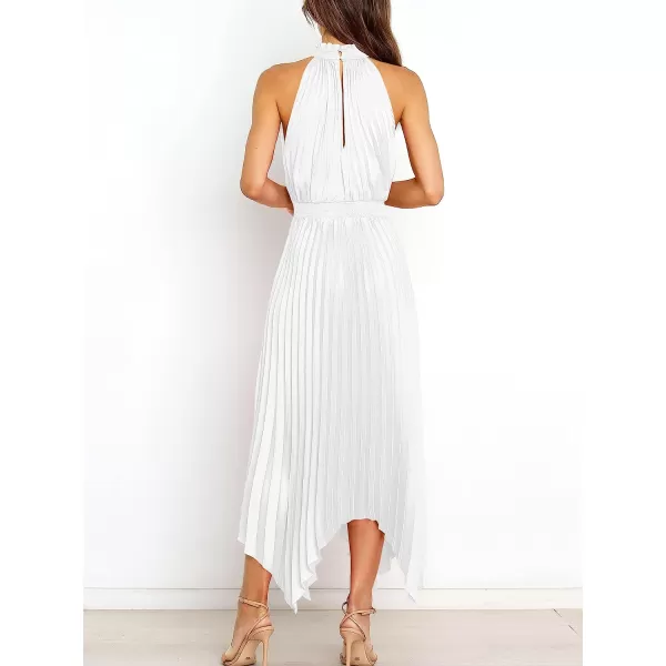 imageANRABESS Womens Sleeveless Cutout Halter Neck Satin Formal Dress Smocked Pleated Asymmetric Party Cocktail Maxi DressWhite