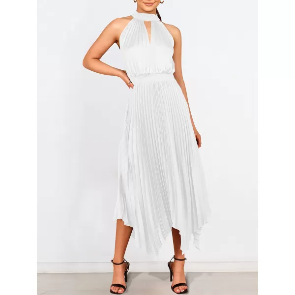 imageANRABESS Womens Sleeveless Cutout Halter Neck Satin Formal Dress Smocked Pleated Asymmetric Party Cocktail Maxi DressWhite