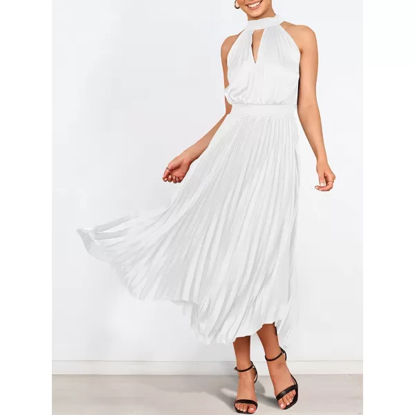 imageANRABESS Womens Sleeveless Cutout Halter Neck Satin Formal Dress Smocked Pleated Asymmetric Party Cocktail Maxi DressWhite