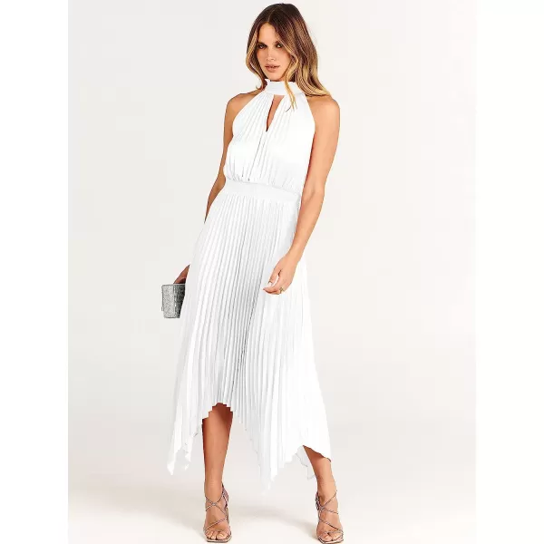 imageANRABESS Womens Sleeveless Cutout Halter Neck Satin Formal Dress Smocked Pleated Asymmetric Party Cocktail Maxi DressWhite