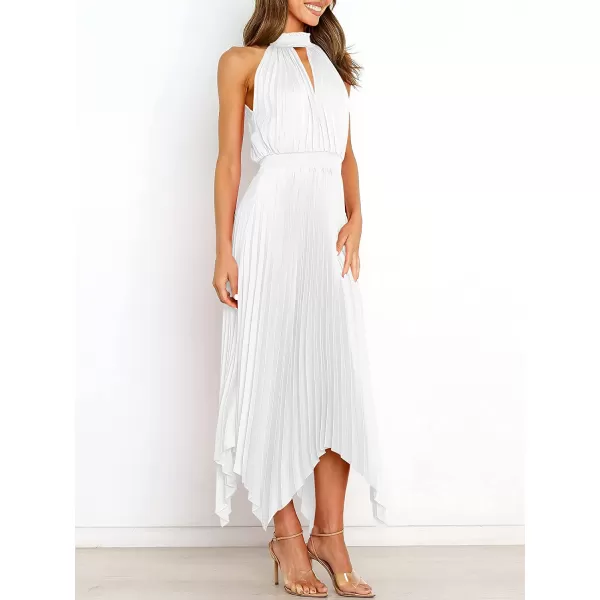 imageANRABESS Womens Sleeveless Cutout Halter Neck Satin Formal Dress Smocked Pleated Asymmetric Party Cocktail Maxi DressWhite