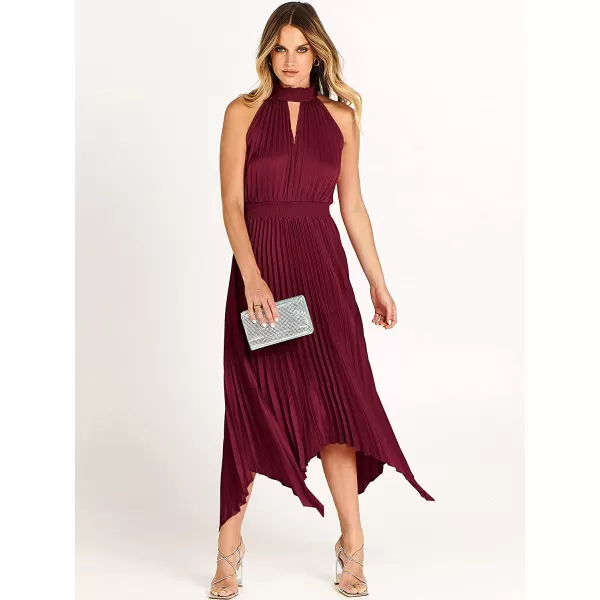 imageANRABESS Womens Sleeveless Cutout Halter Neck Satin Formal Dress Smocked Pleated Asymmetric Party Cocktail Maxi DressWine Red