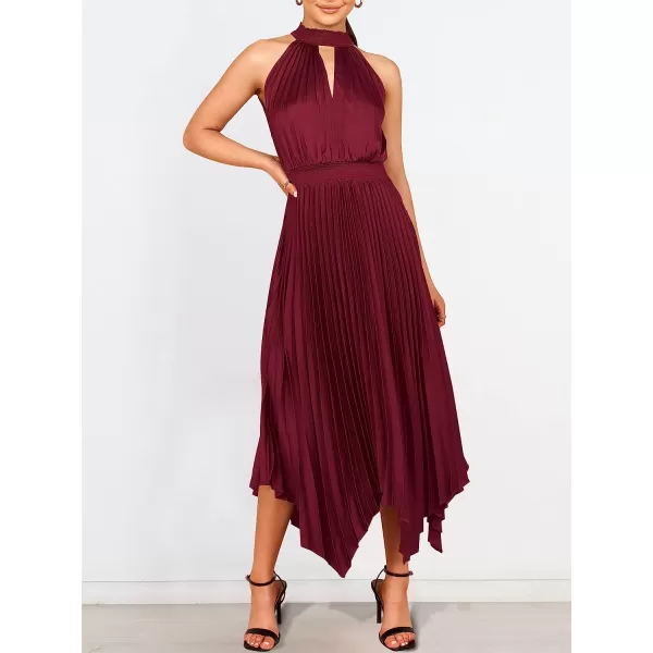 imageANRABESS Womens Sleeveless Cutout Halter Neck Satin Formal Dress Smocked Pleated Asymmetric Party Cocktail Maxi DressWine Red