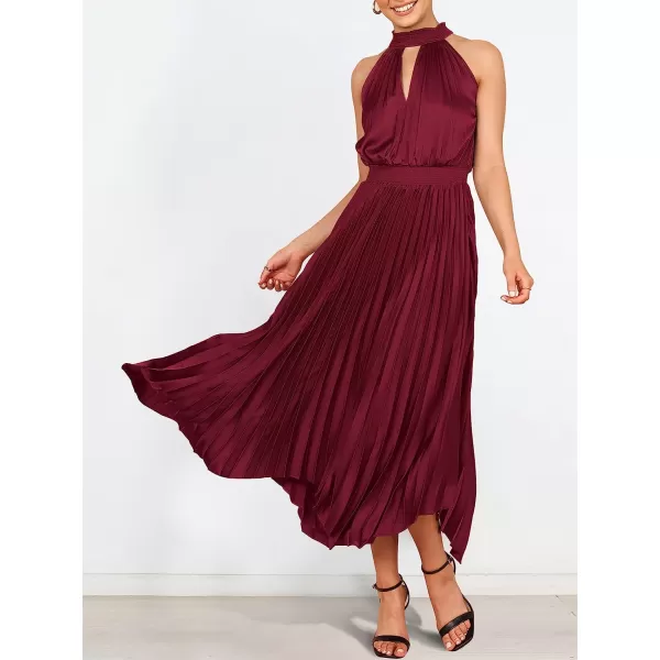 imageANRABESS Womens Sleeveless Cutout Halter Neck Satin Formal Dress Smocked Pleated Asymmetric Party Cocktail Maxi DressWine Red