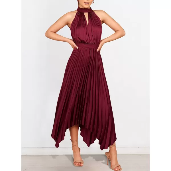 imageANRABESS Womens Sleeveless Cutout Halter Neck Satin Formal Dress Smocked Pleated Asymmetric Party Cocktail Maxi DressWine Red