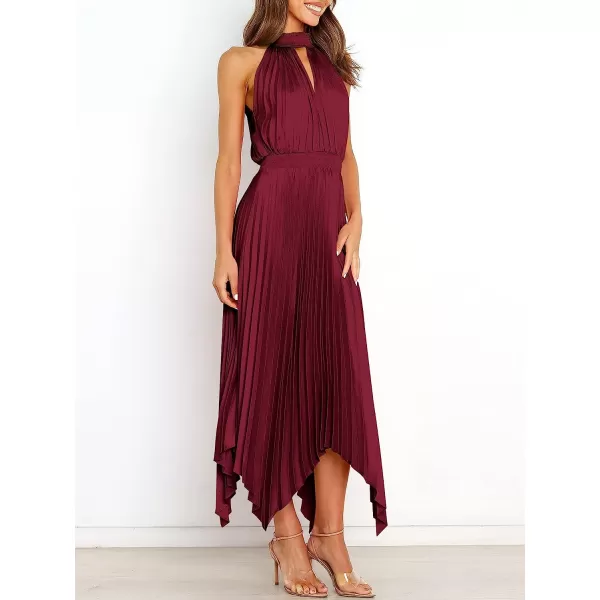 imageANRABESS Womens Sleeveless Cutout Halter Neck Satin Formal Dress Smocked Pleated Asymmetric Party Cocktail Maxi DressWine Red