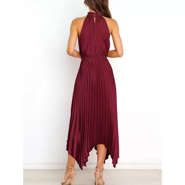 imageANRABESS Womens Sleeveless Cutout Halter Neck Satin Formal Dress Smocked Pleated Asymmetric Party Cocktail Maxi DressWine Red