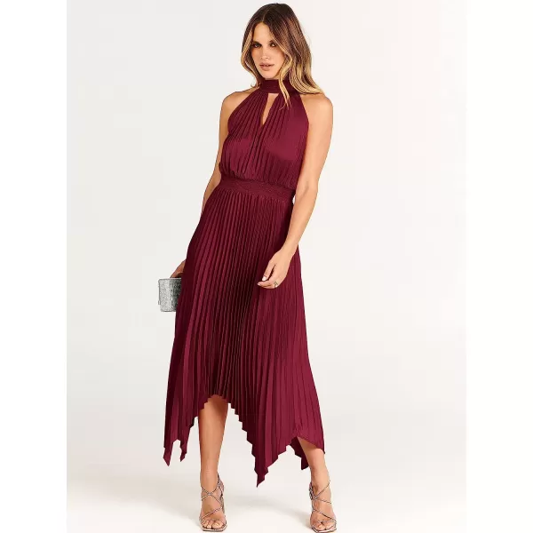 imageANRABESS Womens Sleeveless Cutout Halter Neck Satin Formal Dress Smocked Pleated Asymmetric Party Cocktail Maxi DressWine Red