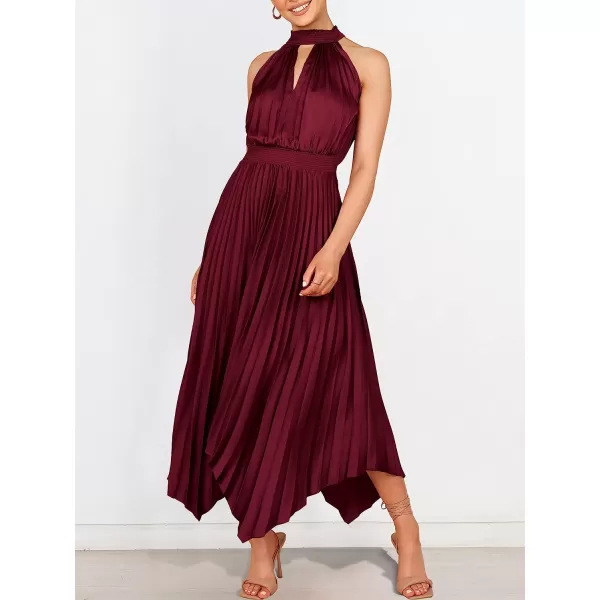 imageANRABESS Womens Sleeveless Cutout Halter Neck Satin Formal Dress Smocked Pleated Asymmetric Party Cocktail Maxi DressWine Red
