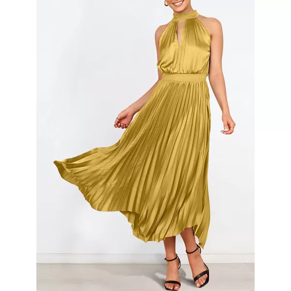 imageANRABESS Womens Sleeveless Cutout Halter Neck Satin Formal Dress Smocked Pleated Asymmetric Party Cocktail Maxi DressYellow