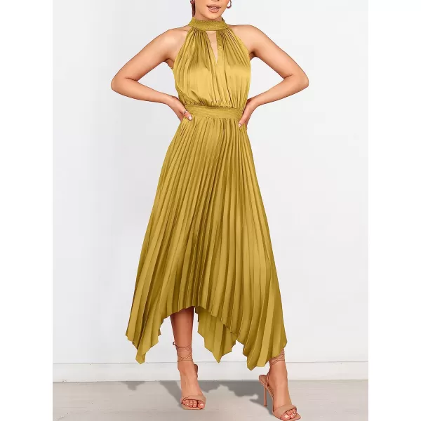 imageANRABESS Womens Sleeveless Cutout Halter Neck Satin Formal Dress Smocked Pleated Asymmetric Party Cocktail Maxi DressYellow