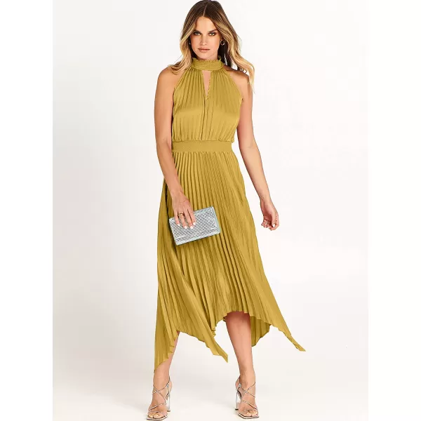 imageANRABESS Womens Sleeveless Cutout Halter Neck Satin Formal Dress Smocked Pleated Asymmetric Party Cocktail Maxi DressYellow