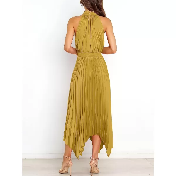 imageANRABESS Womens Sleeveless Cutout Halter Neck Satin Formal Dress Smocked Pleated Asymmetric Party Cocktail Maxi DressYellow