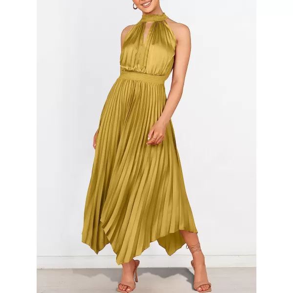 imageANRABESS Womens Sleeveless Cutout Halter Neck Satin Formal Dress Smocked Pleated Asymmetric Party Cocktail Maxi DressYellow