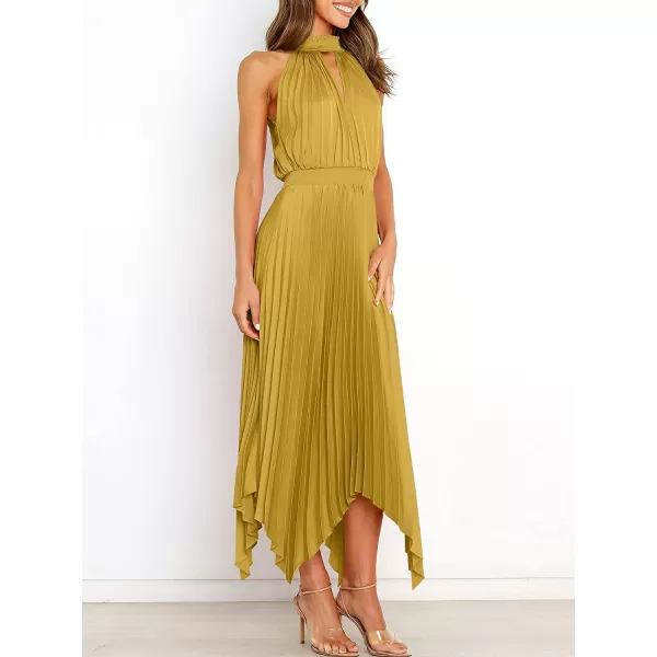 imageANRABESS Womens Sleeveless Cutout Halter Neck Satin Formal Dress Smocked Pleated Asymmetric Party Cocktail Maxi DressYellow