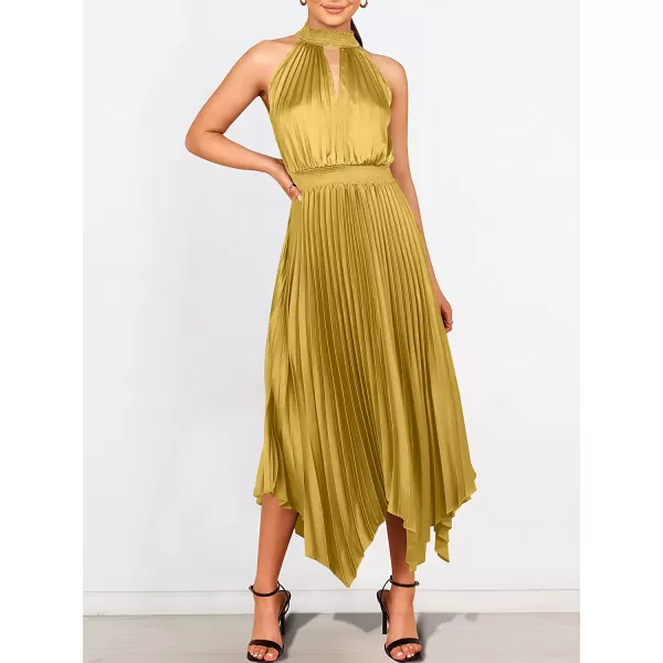 imageANRABESS Womens Sleeveless Cutout Halter Neck Satin Formal Dress Smocked Pleated Asymmetric Party Cocktail Maxi DressYellow
