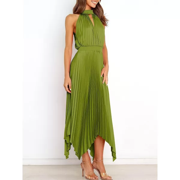 imageANRABESS Womens Sleeveless Cutout Halter Neck Satin Formal Dress Smocked Pleated Asymmetric Party Cocktail Maxi DressYellow Green
