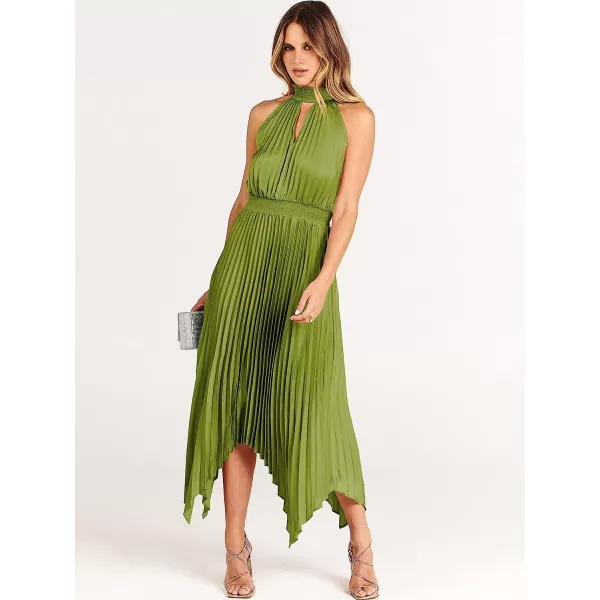 imageANRABESS Womens Sleeveless Cutout Halter Neck Satin Formal Dress Smocked Pleated Asymmetric Party Cocktail Maxi DressYellow Green
