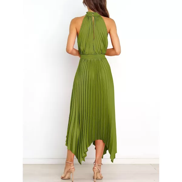 imageANRABESS Womens Sleeveless Cutout Halter Neck Satin Formal Dress Smocked Pleated Asymmetric Party Cocktail Maxi DressYellow Green