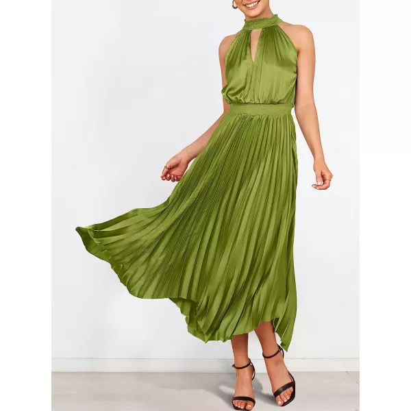 imageANRABESS Womens Sleeveless Cutout Halter Neck Satin Formal Dress Smocked Pleated Asymmetric Party Cocktail Maxi DressYellow Green