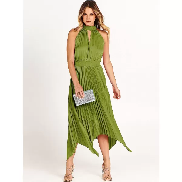 imageANRABESS Womens Sleeveless Cutout Halter Neck Satin Formal Dress Smocked Pleated Asymmetric Party Cocktail Maxi DressYellow Green
