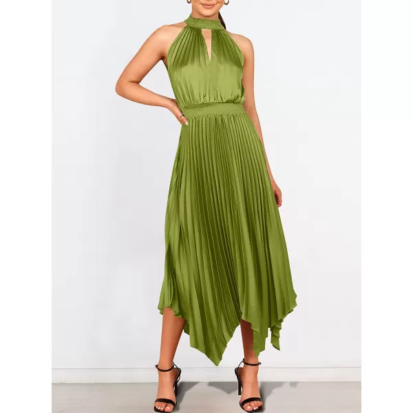 imageANRABESS Womens Sleeveless Cutout Halter Neck Satin Formal Dress Smocked Pleated Asymmetric Party Cocktail Maxi DressYellow Green