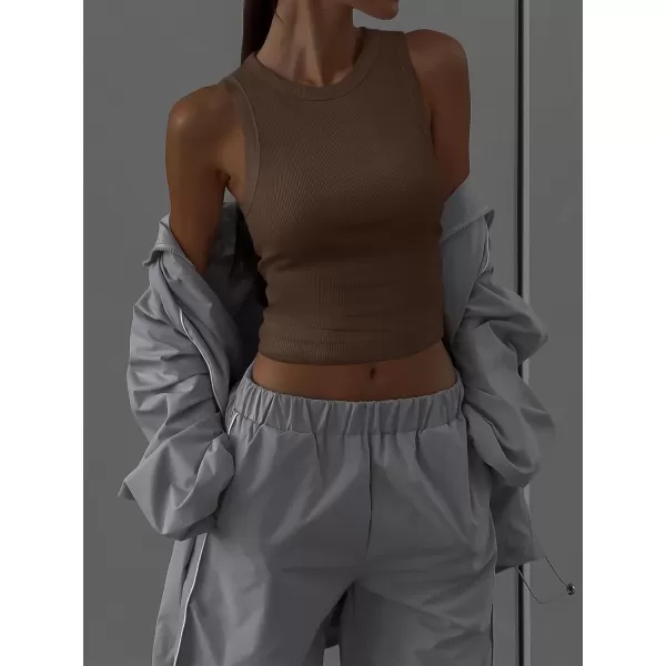 imageANRABESS Womens Sleeveless High Neck Tank Tops Summer Casual Basic Slim Fit Ribbed Tee Shirts Racerback BlousesBrown