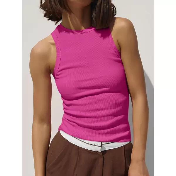 imageANRABESS Womens Sleeveless High Neck Tank Tops Summer Casual Basic Slim Fit Ribbed Tee Shirts Racerback BlousesHot Pink