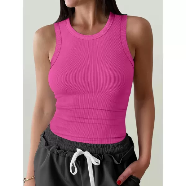 imageANRABESS Womens Sleeveless High Neck Tank Tops Summer Casual Basic Slim Fit Ribbed Tee Shirts Racerback BlousesHot Pink