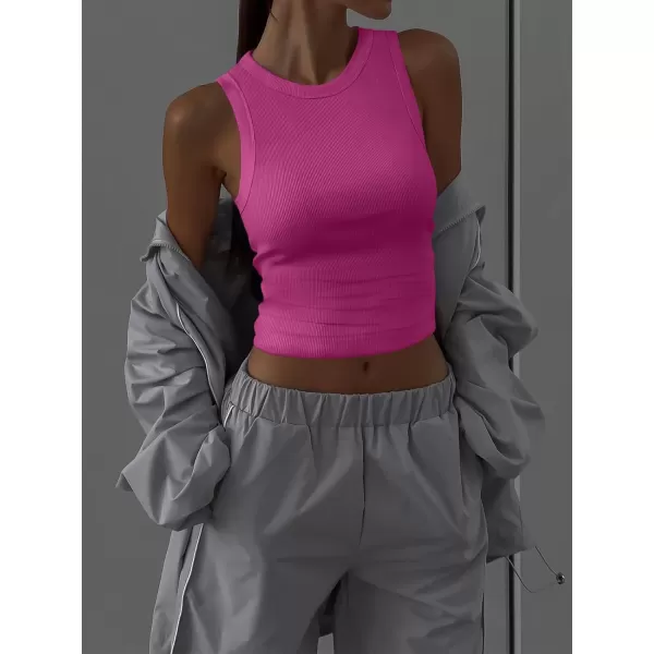 imageANRABESS Womens Sleeveless High Neck Tank Tops Summer Casual Basic Slim Fit Ribbed Tee Shirts Racerback BlousesHot Pink