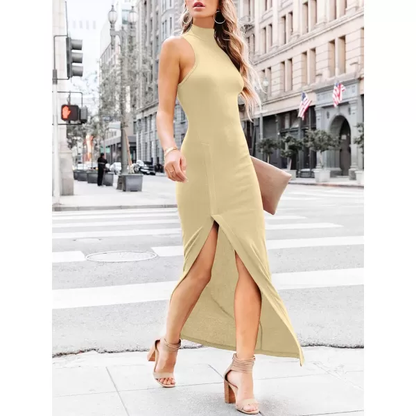 imageANRABESS Womens Sleeveless Mock Neck Slit Bodycon Dress Ribbed Knit Slim Fit Party Maxi DressApricot