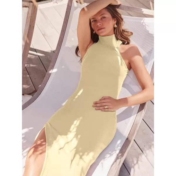 imageANRABESS Womens Sleeveless Mock Neck Slit Bodycon Dress Ribbed Knit Slim Fit Party Maxi DressApricot