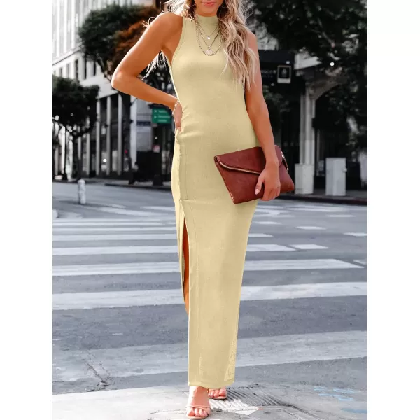 imageANRABESS Womens Sleeveless Mock Neck Slit Bodycon Dress Ribbed Knit Slim Fit Party Maxi DressApricot