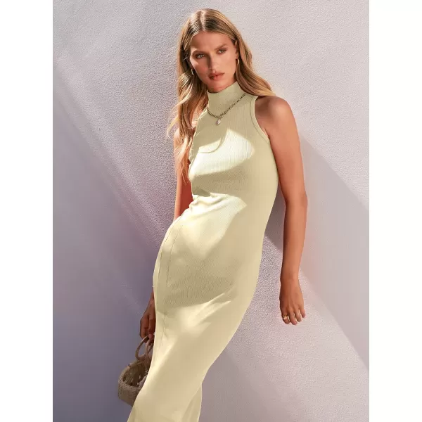 imageANRABESS Womens Sleeveless Mock Neck Slit Bodycon Dress Ribbed Knit Slim Fit Party Maxi DressApricot