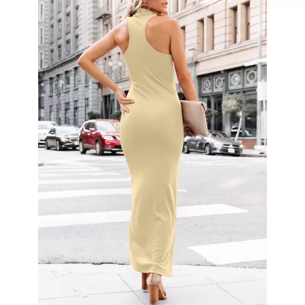 imageANRABESS Womens Sleeveless Mock Neck Slit Bodycon Dress Ribbed Knit Slim Fit Party Maxi DressApricot