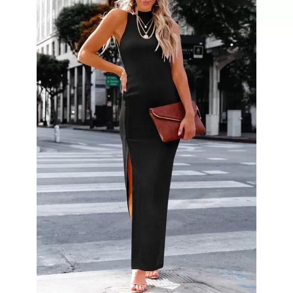imageANRABESS Womens Sleeveless Mock Neck Slit Bodycon Dress Ribbed Knit Slim Fit Party Maxi DressBlack