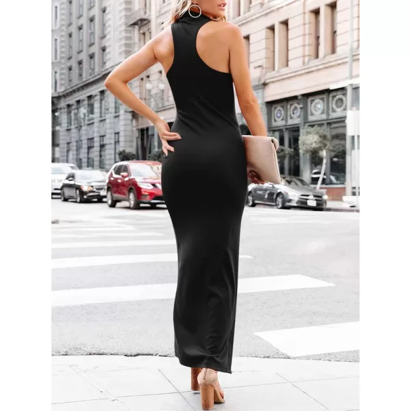 imageANRABESS Womens Sleeveless Mock Neck Slit Bodycon Dress Ribbed Knit Slim Fit Party Maxi DressBlack