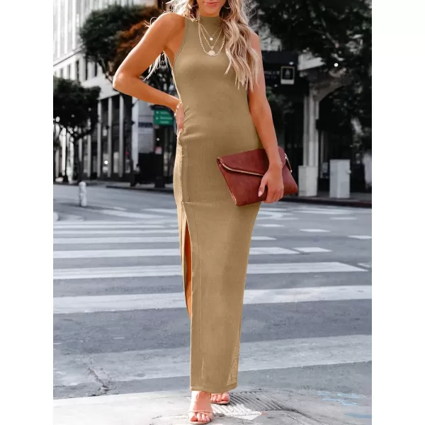 imageANRABESS Womens Sleeveless Mock Neck Slit Bodycon Dress Ribbed Knit Slim Fit Party Maxi DressCamel