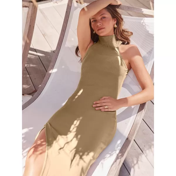 imageANRABESS Womens Sleeveless Mock Neck Slit Bodycon Dress Ribbed Knit Slim Fit Party Maxi DressCamel